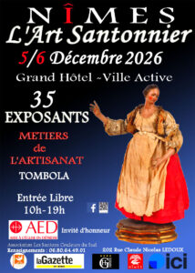 Poster for L'Art Santonnier in Nîmes, December 5 and 6, 2026, at the Grand Hôtel, free admission from 10 a.m. to 7 p.m.