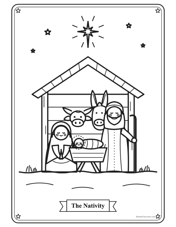 Nativity coloring page: the Holy Family in the stable