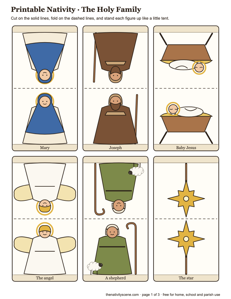 Page 1 of the printable stand-up nativity: Mary, Joseph, Baby Jesus, the angel, a shepherd and the star, ready to cut and fold