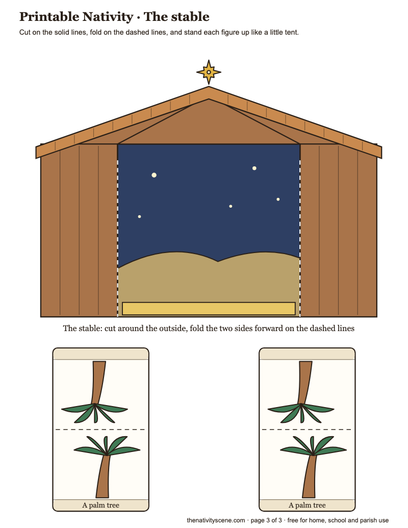 Page 3 of the printable nativity: a fold-up stable with a starry night sky and two palm trees
