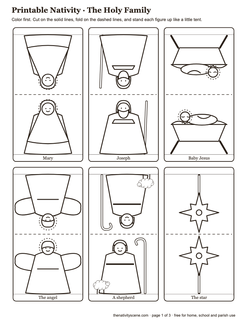 Coloring version of the printable stand-up nativity in black outline